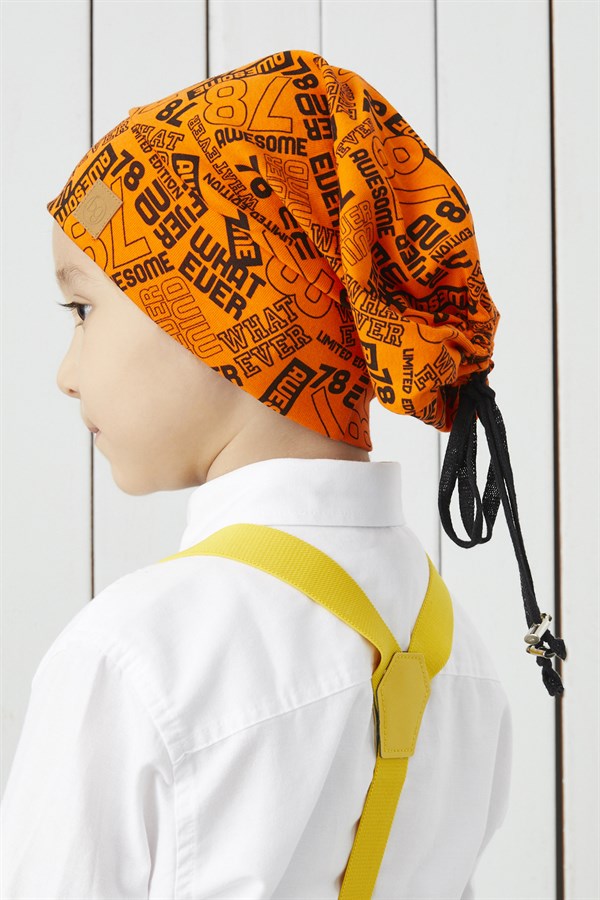 Erkek Çocuk turuncu siyah figürlü ip detaylı 4 mevsim Şapka Bere Buff -yumuşak doğal penye kumaş