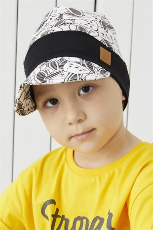 %100 Pamuklu El yapımı Ekstra Yumuşak Bebek Çocuk Vizyerli Siyah Beyaz desenli Şapka