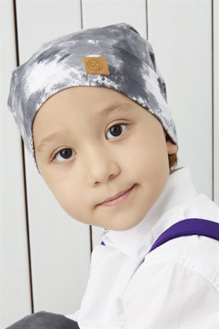 Erkek Çocuk Batik Gri  ip detaylı 4 mevsim Şapka Bere Buff -yumuşak doğal penye 