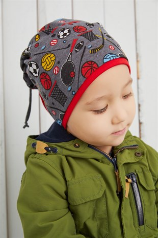 Erkek Çocuk Füme Spor Desenli Şapka Bere yumuşak çift katlı %100 doğal pamuklu penye