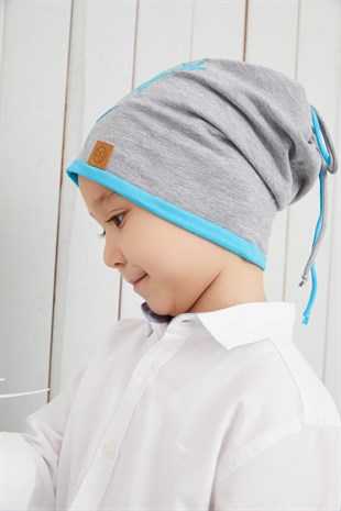 Erkek Çocuk Gri Mavi Yıldızlı Şapka Bere yumuşak çift katlı %100 doğal pamuklu penye