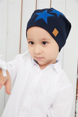 Erkek Çocuk Lacivert Mavi Yıldızlı Şapka Bere yumuşak çift katlı %100 doğal  pamuklu penye