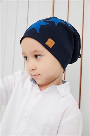 Erkek Çocuk Lacivert Mavi Yıldızlı Şapka Bere yumuşak çift katlı %100 doğal  pamuklu penye