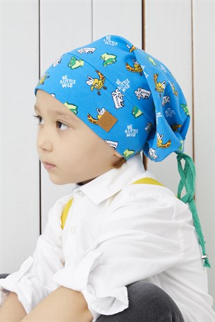 Erkek Çocuk Mavi Desenli ip detaylı 4 mevsim Şapka Bere Buff -yumuşak doğal penye 