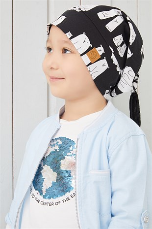 Erkek Çocuk Siyah Beyaz figürlü ip detaylı 4 mevsim Şapka Bere Buff -yumuşak doğal penye 
