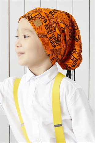 Erkek Çocuk turuncu siyah figürlü ip detaylı 4 mevsim Şapka Bere Buff -yumuşak doğal penye kumaş