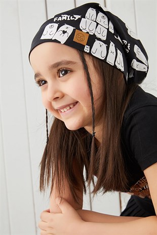 Kız Çocuk Siyah Beyaz figürlü ip detaylı 4 mevsim Şapka Bere Buff -yumuşak doğal penye 