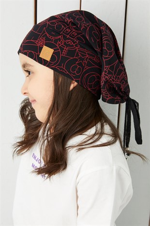 Kız Çocuk Siyah kırmızı figürlü ip detaylı 4 mevsim Şapka Bere Buff -yumuşak doğal penye 