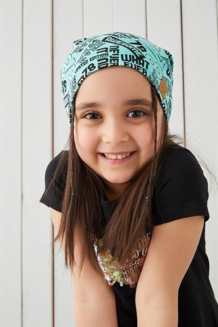 Kız Çocuk Turkuaz siyah figürlü ip detaylı 4 mevsim Şapka Bere Buff -yumuşak doğal penye 