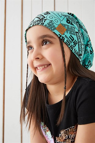 Kız Çocuk Turkuaz siyah figürlü ip detaylı 4 mevsim Şapka Bere Buff -yumuşak doğal penye 