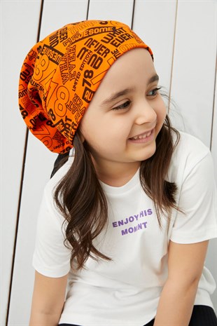 Kız Çocuk turuncu siyah figürlü ip detaylı 4 mevsim Şapka Bere Buff -Ultra yumuşak doğal penye kumaş