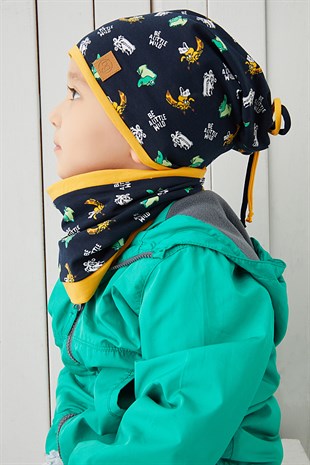 Pamuklu çift katlı yumuşak Penye Lacivert Sarı figürlü Erkek Çocuk Bebek Şapka Bere %100 Doğal Yerli Üretim
