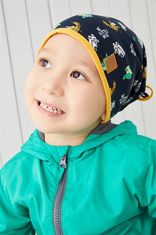 Pamuklu çift katlı yumuşak Penye Lacivert Sarı figürlü Erkek Çocuk Bebek Şapka Bere %100 Doğal Yerli Üretim